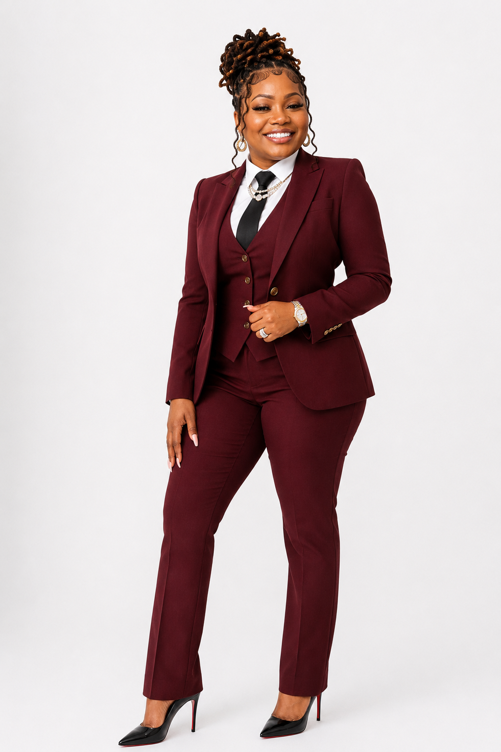 Dr. Loriane Clarke in a maroon three-piece suit